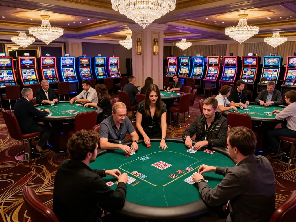 Players enjoying a thrilling poker game at Go88's upscale casino venue, showcasing vibrant atmosphere and intense gameplay.