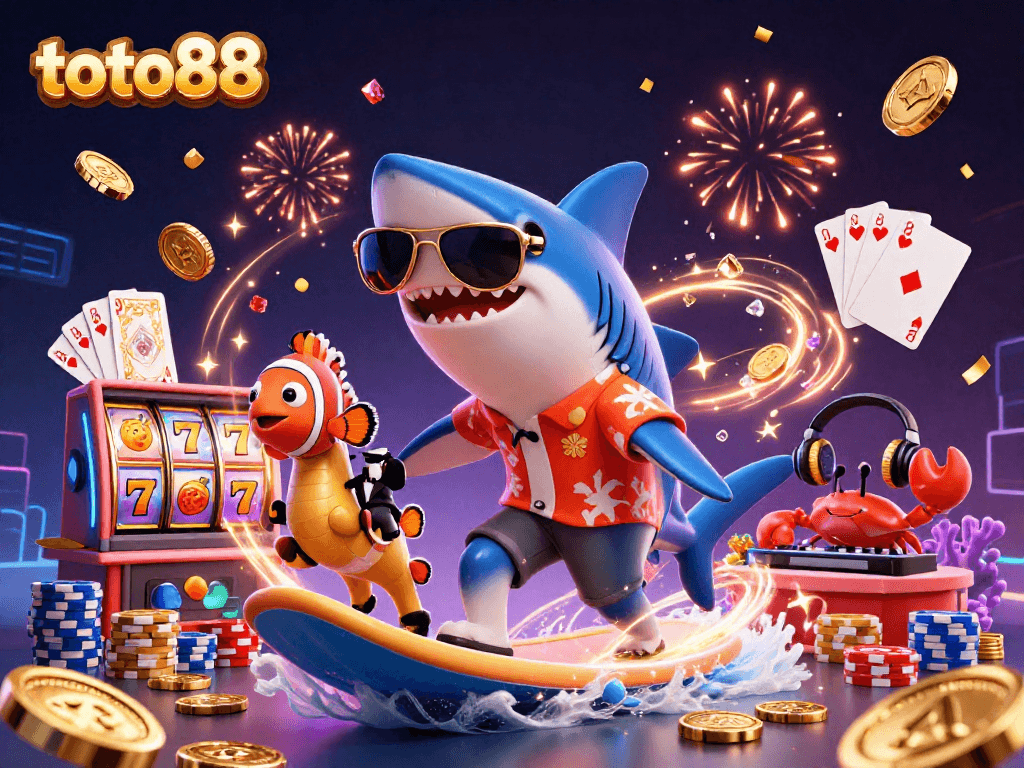 Surf the waves of luck with toto88 in this vibrant casino illustration featuring a shark in a Hawaiian shirt!