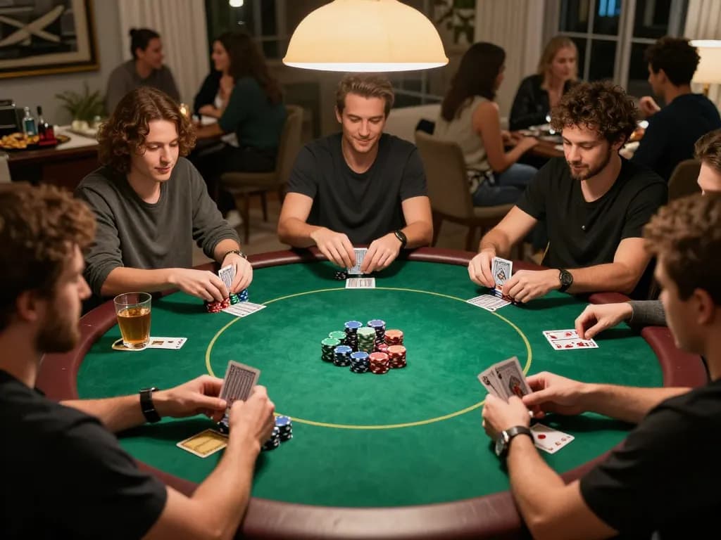 Players enjoying a strategic poker game at home, highlighting the dn88 experience with colorful chips and cards.