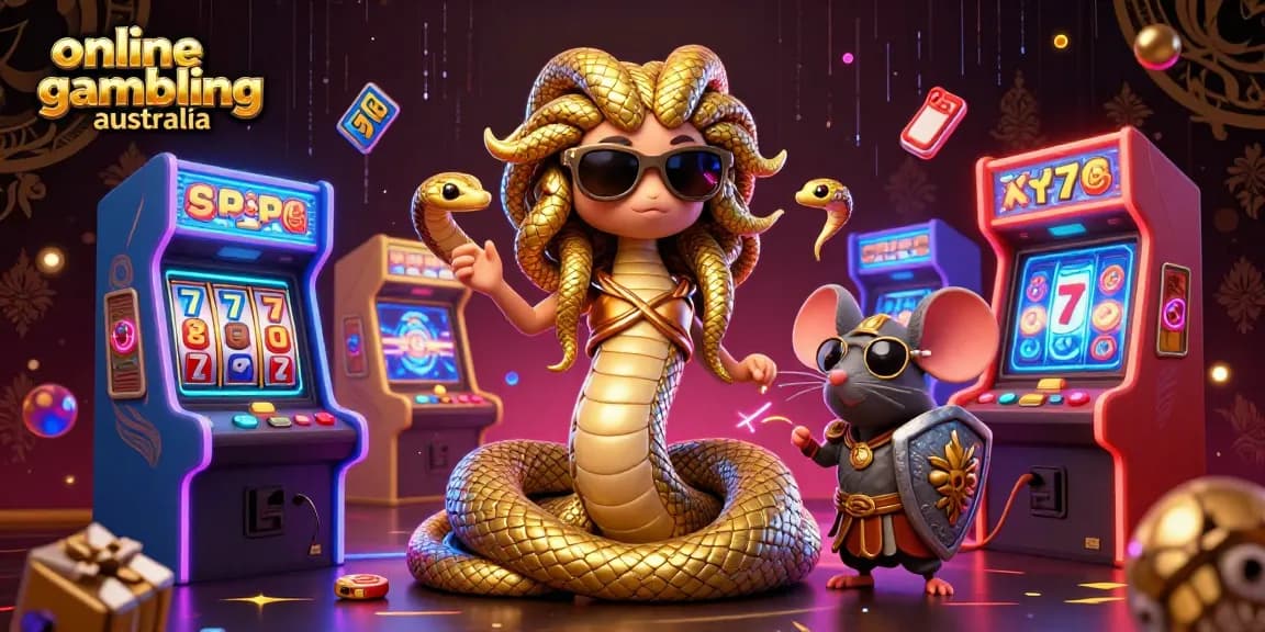 Engage in online gambling Australia with colorful arcade machines, golden characters, and vibrant casino elements.