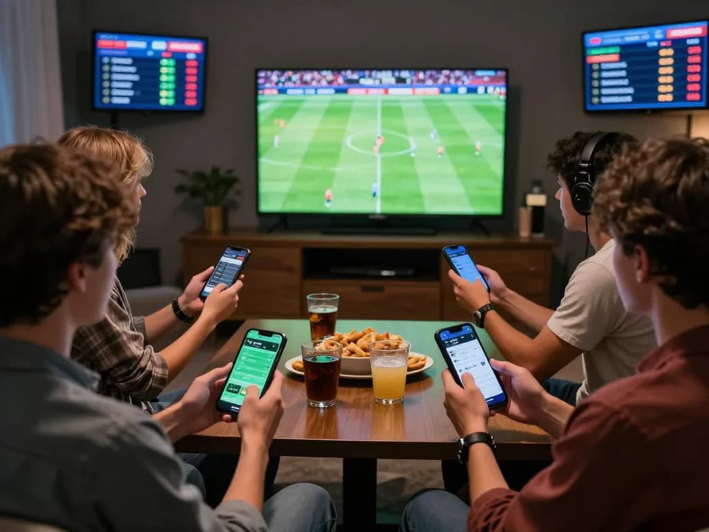 Soi Kèo sports betting scene with friends engaged in live match excitement and mobile betting.