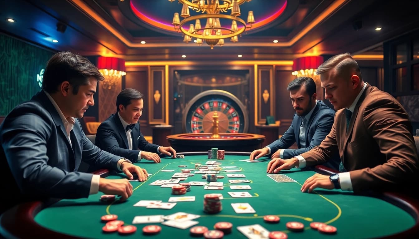 Professional poker players strategizing at PG 66's high-stakes table, showcasing intense focus.
