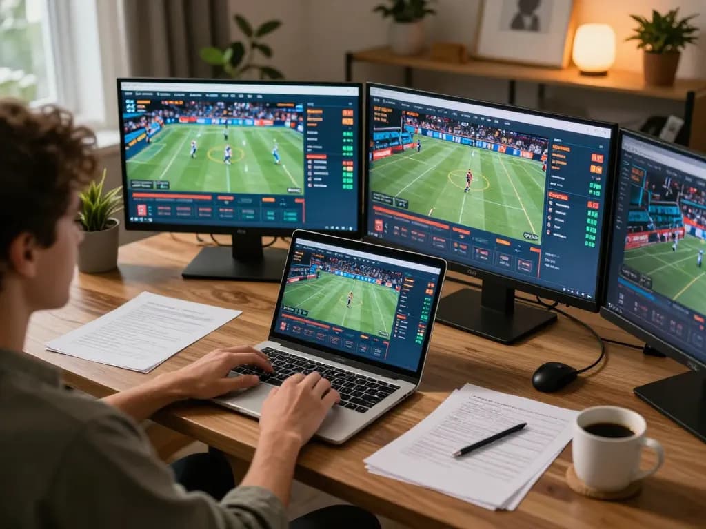 Engaging in online sports betting on laptop showcasing gen-e strategies with vibrant betting interfaces