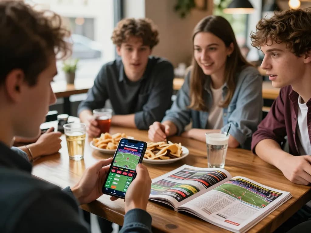 68win user placing bets on sports app while friends strategize in a lively café.