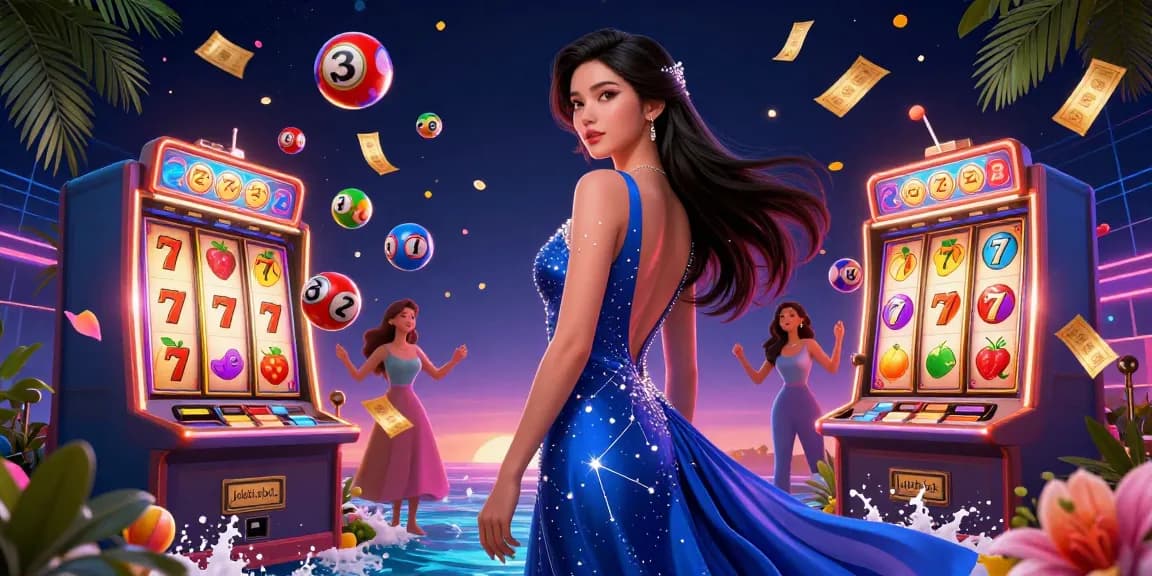 Engage with judi slot games, exploring vibrant slot reels and lucky 7s in an immersive casino scene.