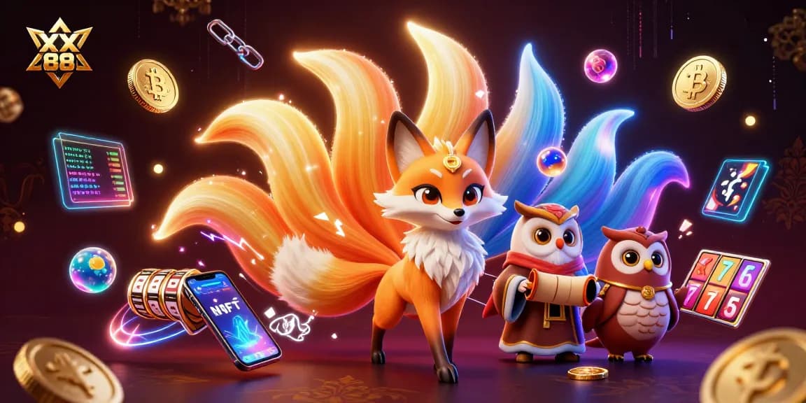 Engage with XX 88 in this vibrant 3D illustration featuring a nine-tailed fox and colorful casino elements.