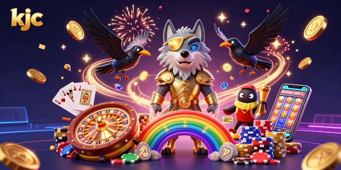 KJC players engaging with a vibrant casino scene, featuring Odin, lucky sevens, and jackpots.