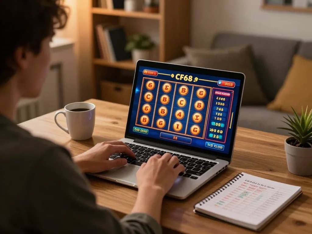 Playing CF68 online casino from home with warm lighting and cozy atmosphere.