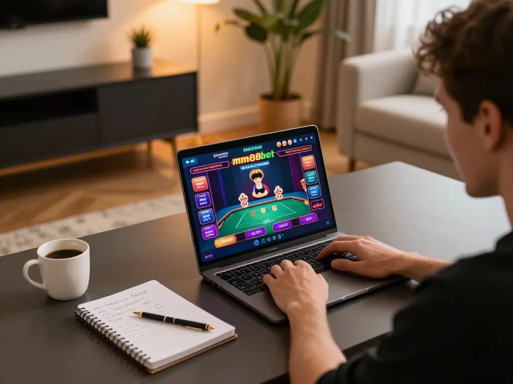 Engaging with mm88bet online poker on a laptop, showcasing strategic casino gaming in a cozy home setting.