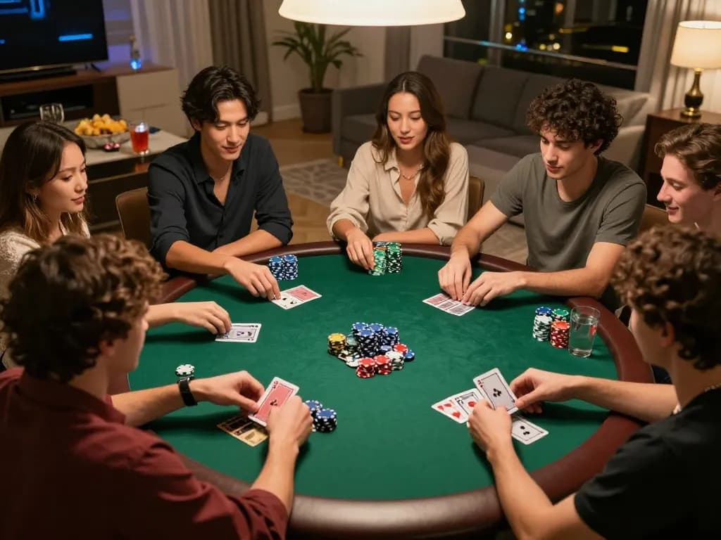 Friends enjoy a lively poker game at home, showcasing the fun of rik vip gaming.