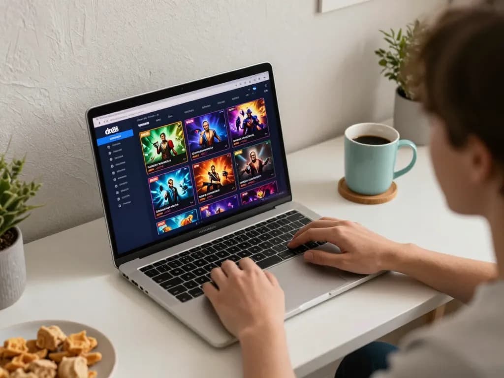 Engaging user exploring dn88's online casino with laptop at home.