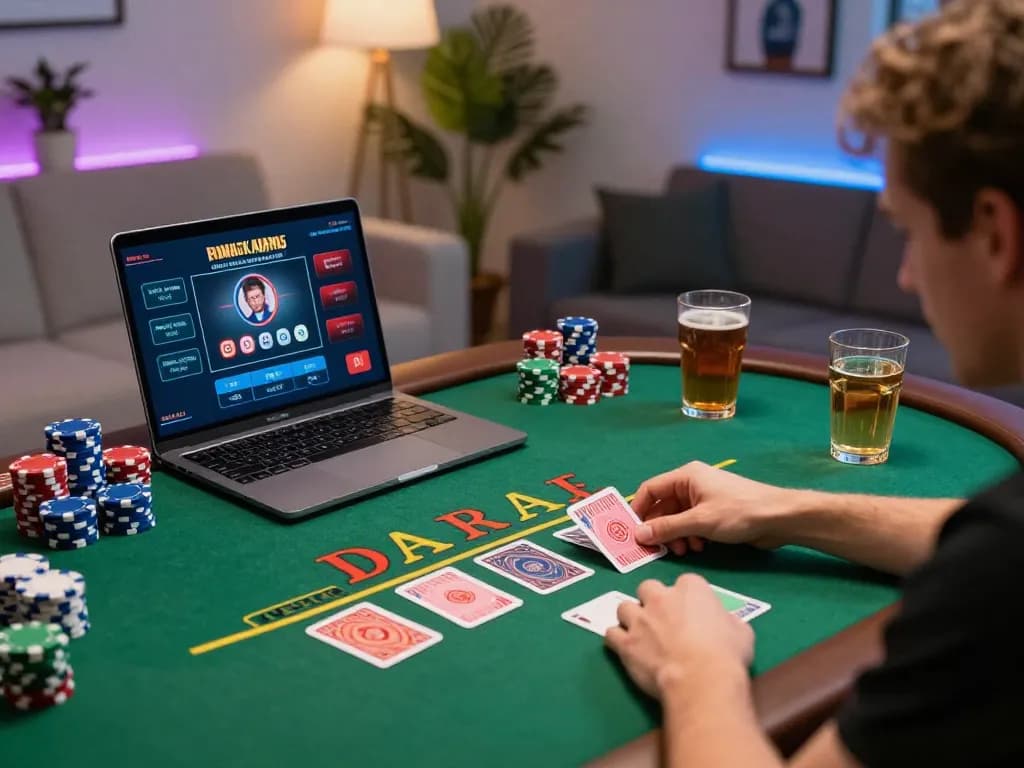 Engaged player participating in a live dealer game at https://www.dacsandatphanrang.com/ surrounded by a focused gaming setup and vibrant decor.