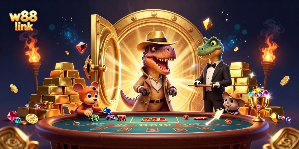 Engage with the latest w88 link in a vibrant 3D casino scene with quirky characters.