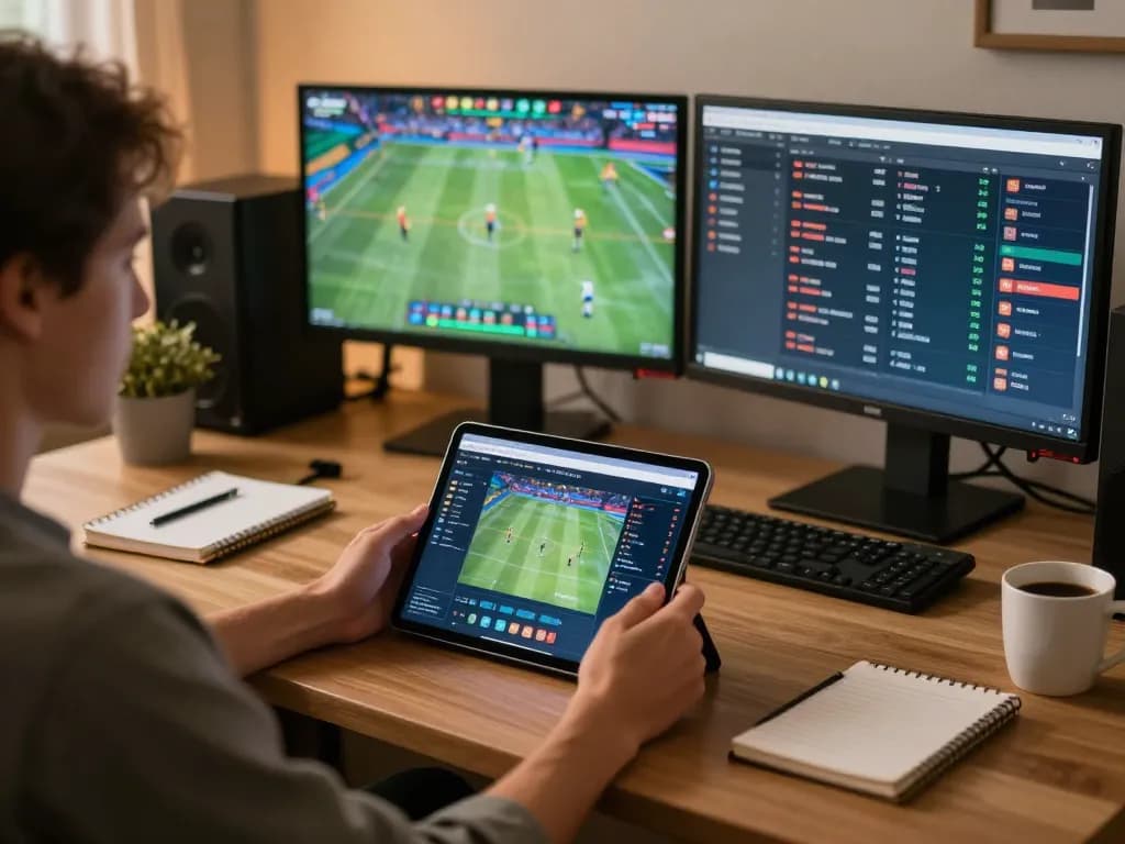KÈO TRỰC TUYẾN player analyzing betting options on tablet in cozy home office