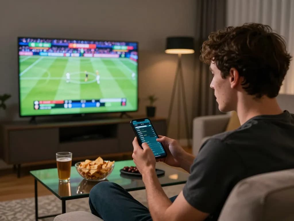 Engaged bettor analyzing live sports odds on a mobile app during a thrilling tg88 sports event at home.