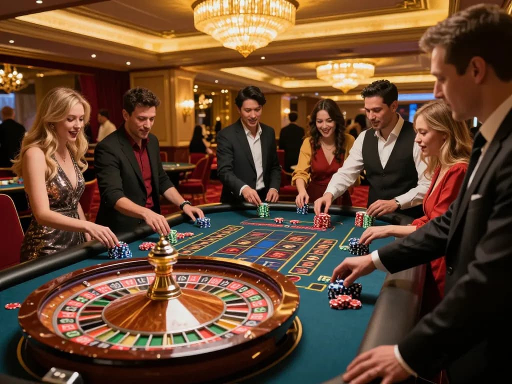 cm88 roulette table with eager players placing bets and croupier spinning the wheel in a lively casino.