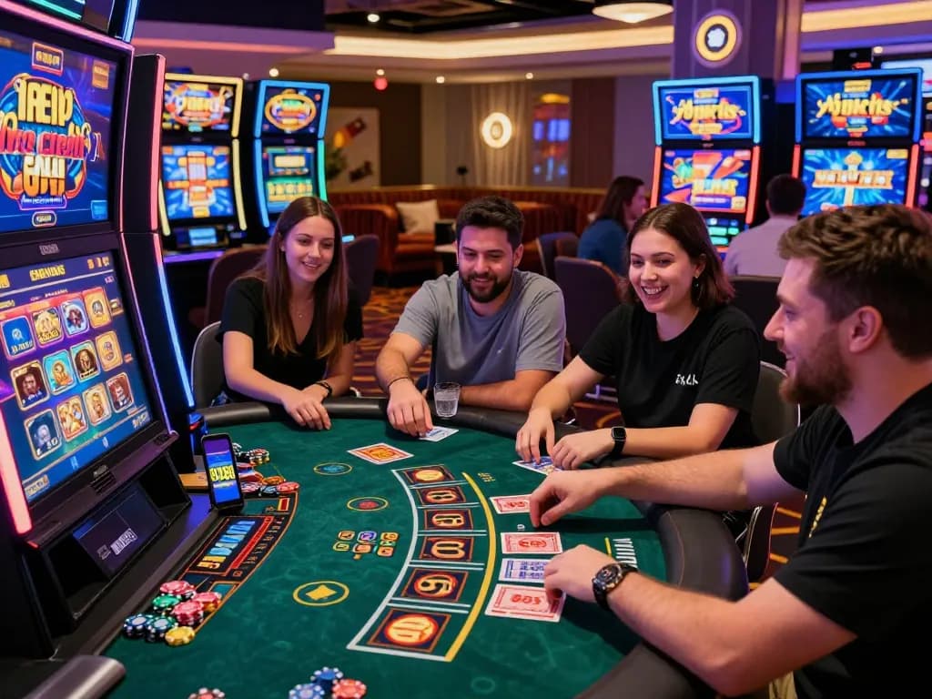 Exciting online casino gaming scene showcasing free credit 918kiss players engaging with slot machines under vibrant neon lights.