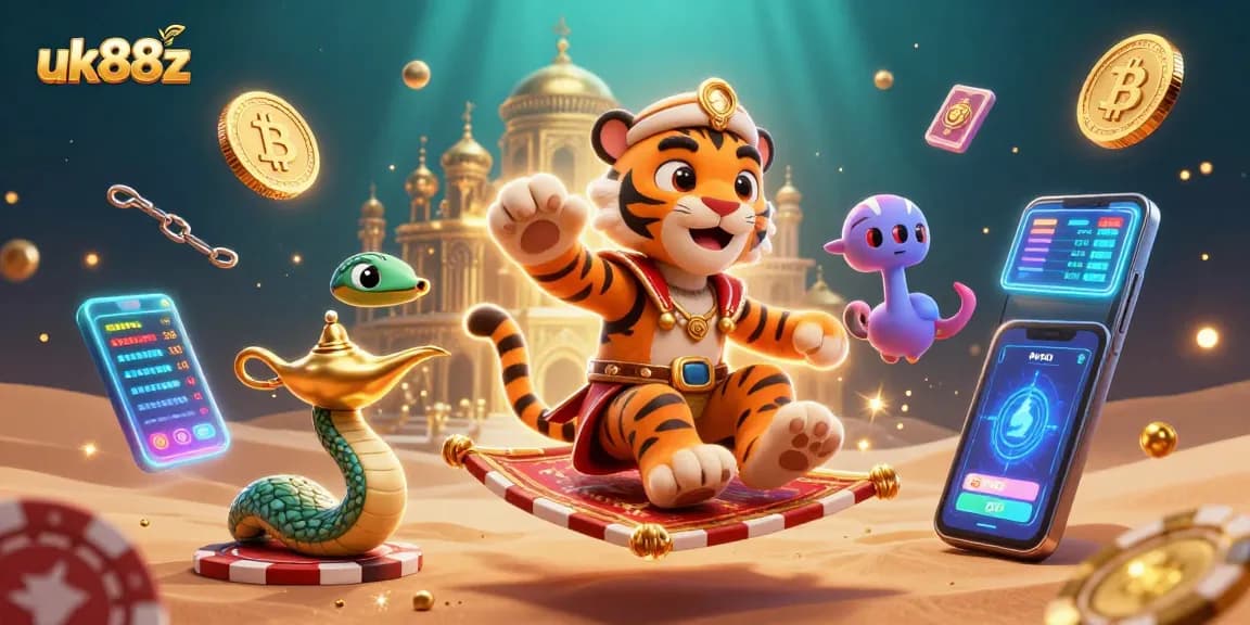 Engage with uk88z in a vibrant 3D scene featuring a tiger sultan and crypto elements.
