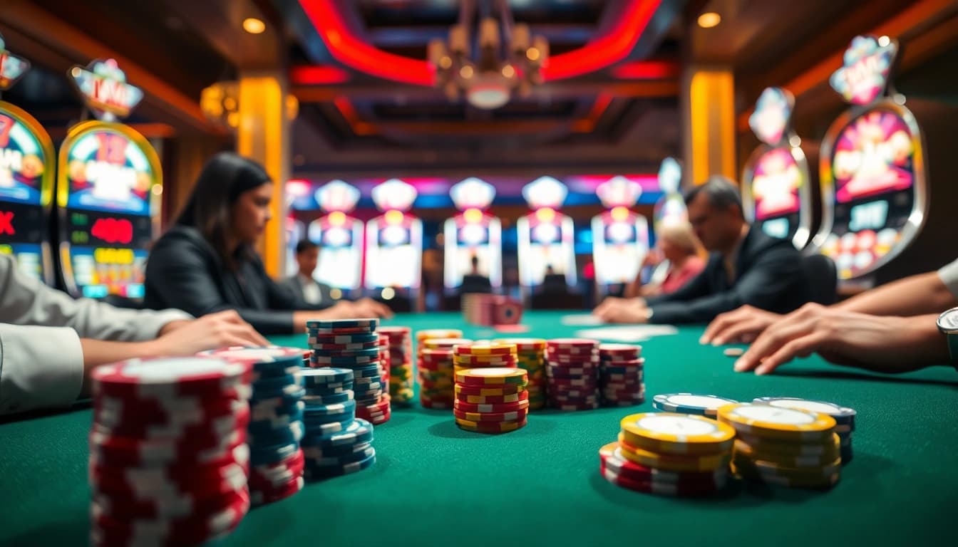 Mahongtoto menampilkan suasana kasino yang menarik dengan pemain poker yang fokus.