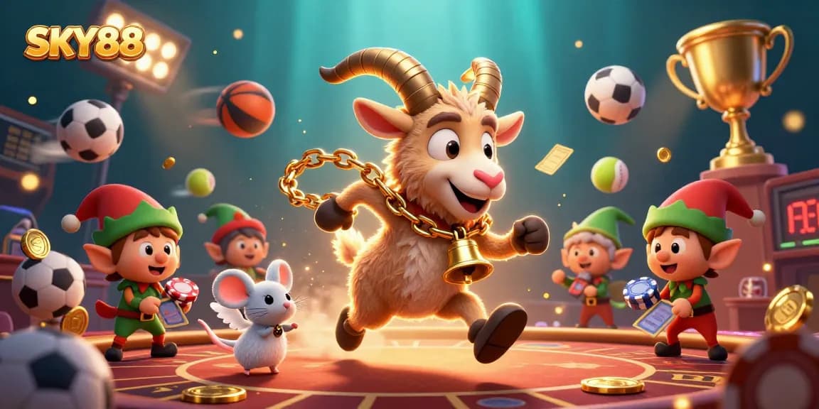 Experience thrilling wins at SKY88 casino with festive characters and dynamic sports betting elements.