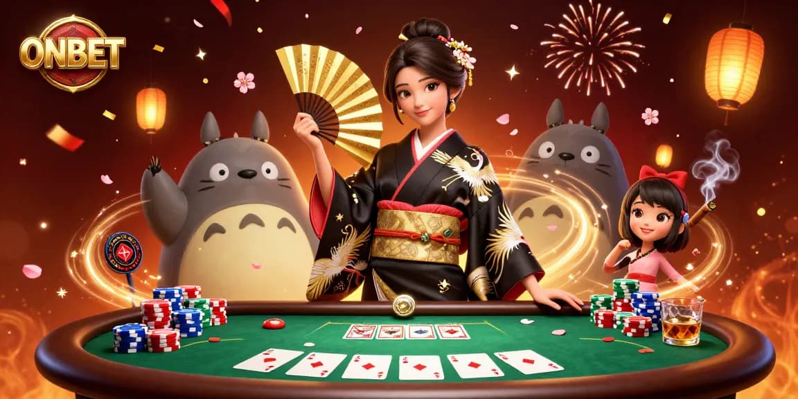 Experience high-stakes poker action at ONBET with vibrant game elements and festive atmosphere.