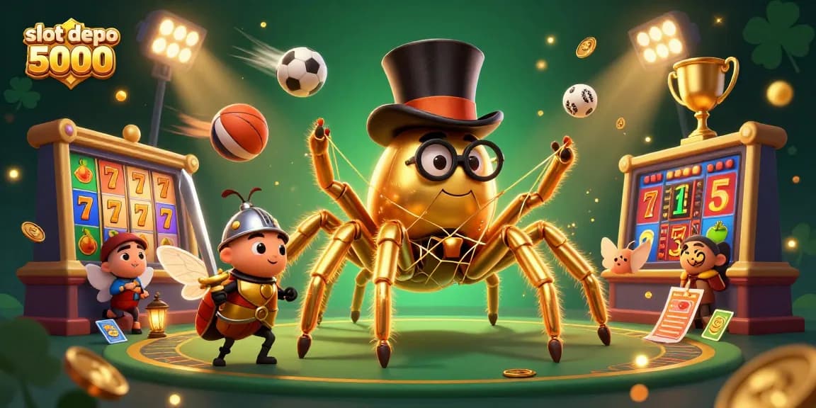 Experience excitement with slot depo 5000 as golden characters illustrate winning strategies in a vibrant casino setting.