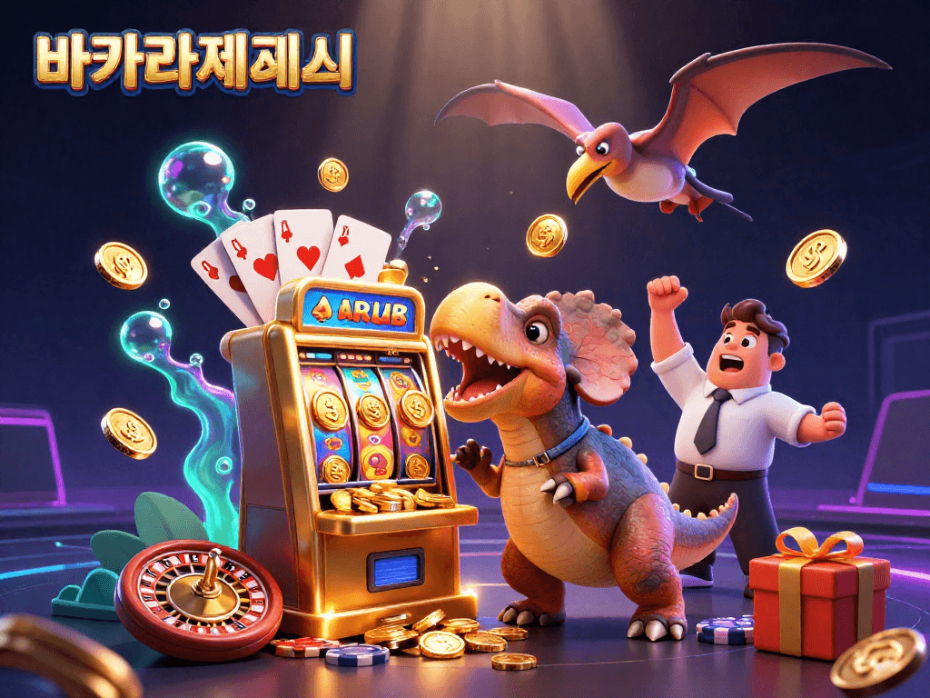 바카라사이트에서 슬롯 머신의 잭팟을 향해 머리를 부딪치는 파키케팔로사우루스의 펀치와 함께 황금 동전을 날려주는 역동적인 장면