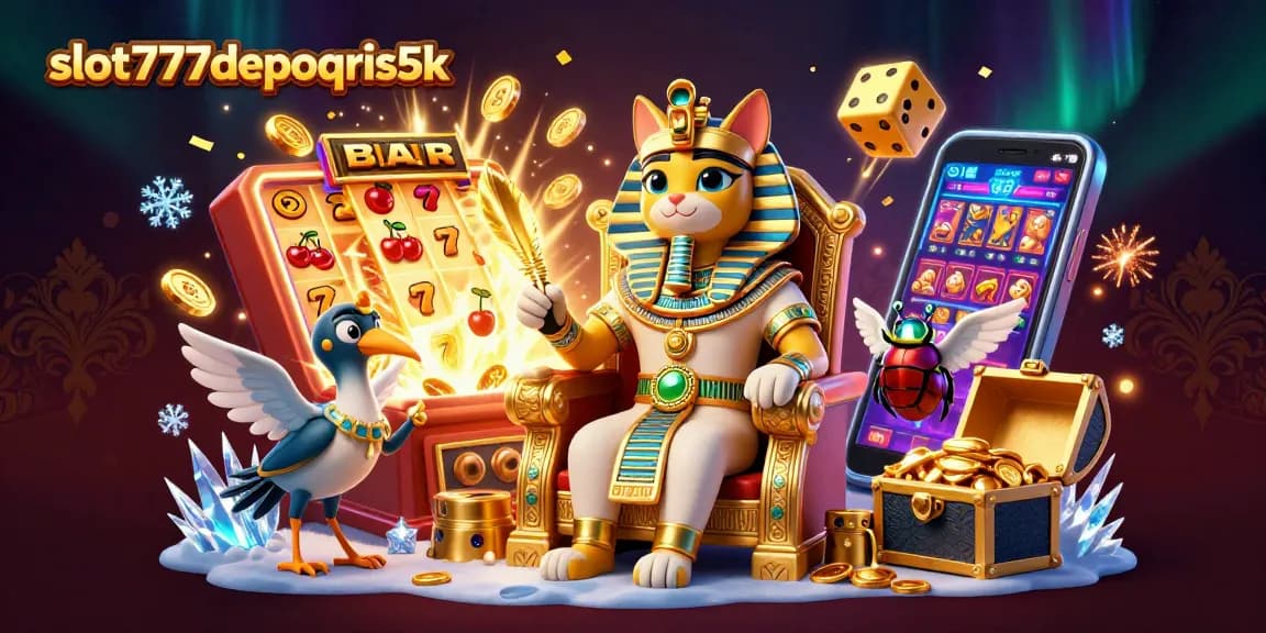 Spin slots at slot777depoqris5k with an Egyptian pharaoh cat amidst jackpot excitement.