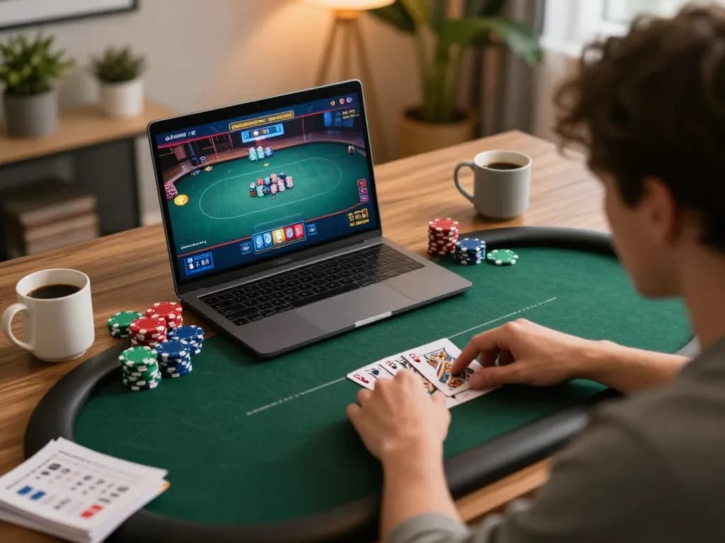 Pfly88 user engaged in intense online poker gameplay at home with colorful chips and strategy notes