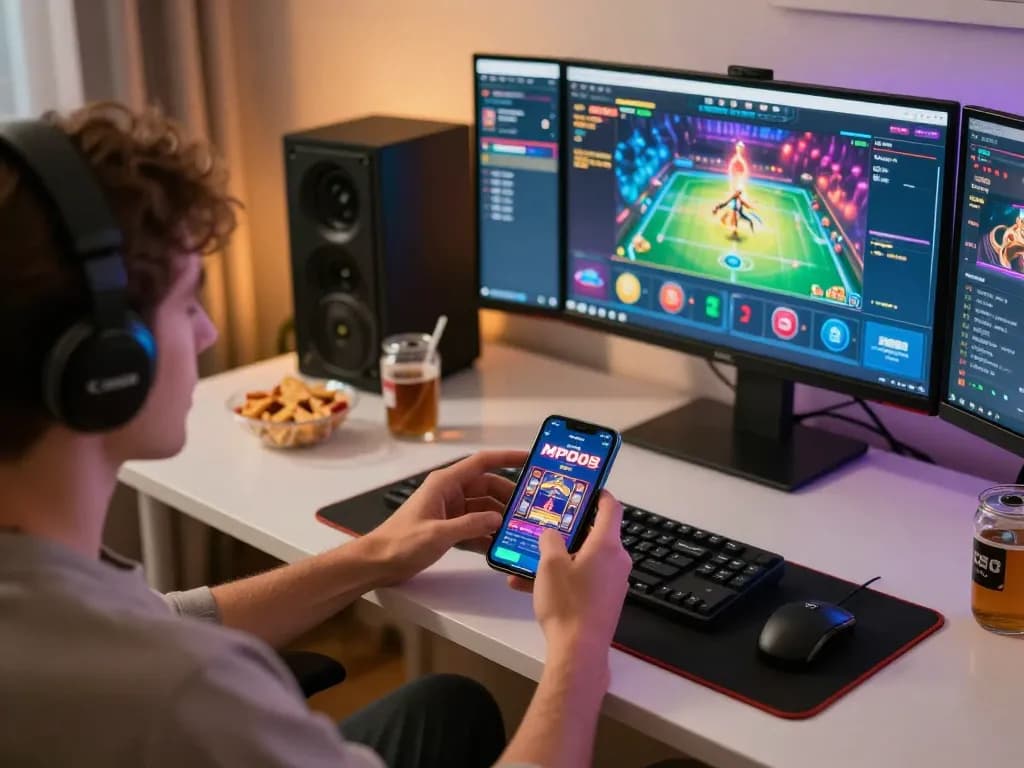 MPO08 app showcasing interactive gameplay on a smartphone in a stylish gaming setup
