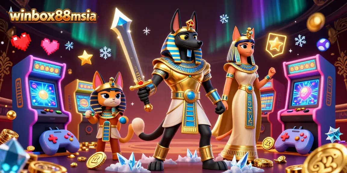 Play exciting games at winbox88msia, featuring Anubis and Bastet in a dynamic casino illustration.