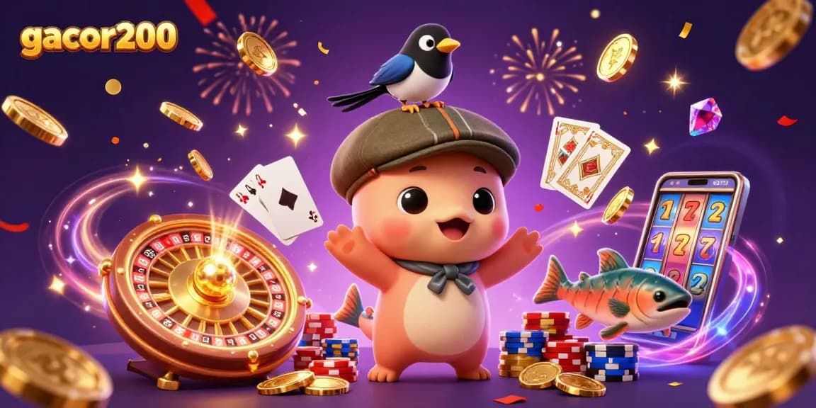 Engage with gacor200's vibrant casino scene featuring a playful Nessie and gold elements.
