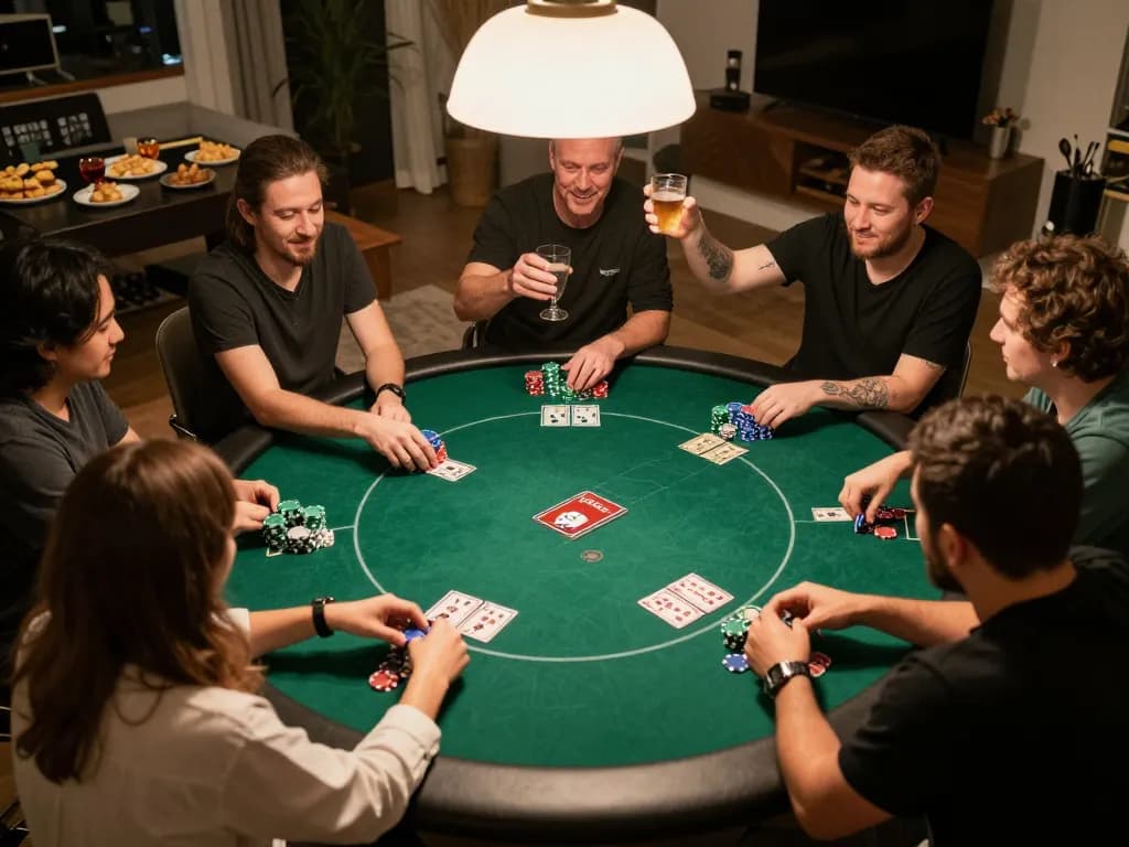 Players celebrating a win during a poker game night at home, highlighting king33's vibrant social atmosphere