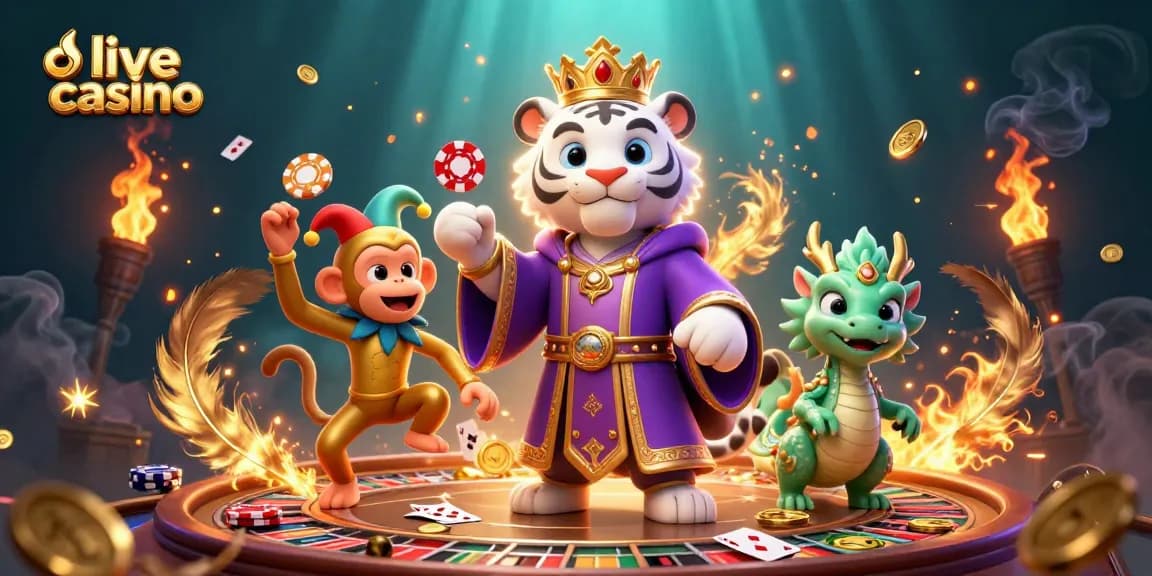 Experience the excitement of live casino with a regal white tiger, playful monkey, and jade dragon illustration.