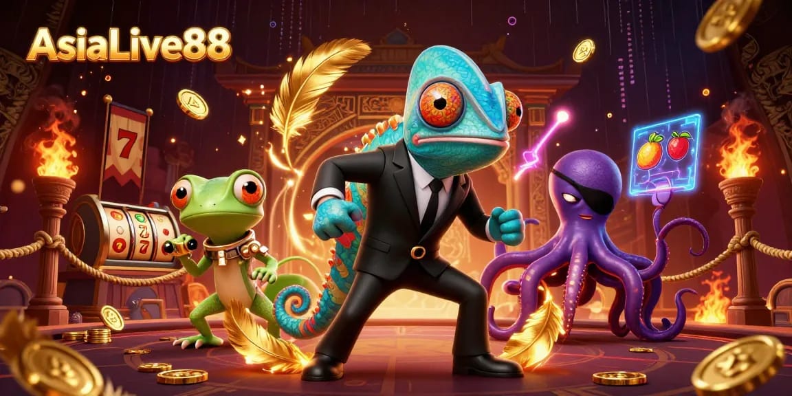 Experience the thrill of AsiaLive88 with vivid slot reels and dynamic characters in action.
