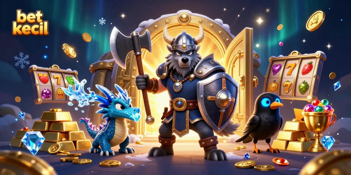 Engage with bet kecil strategies in a thrilling, vibrant 3D illustration featuring a Viking warrior and colorful gaming elements.