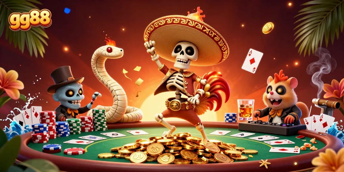 Engage with gg88, a thrilling victory dance scene featuring a mariachi rooster among poker table elements.