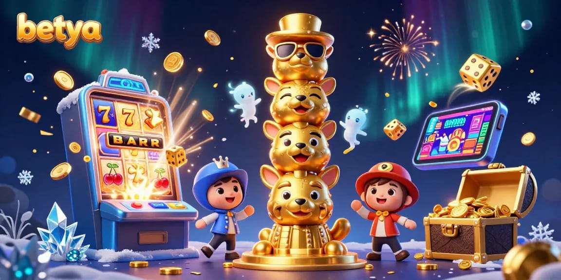 Experience the excitement of betya's casino games with vibrant totem characters and slot machine action.