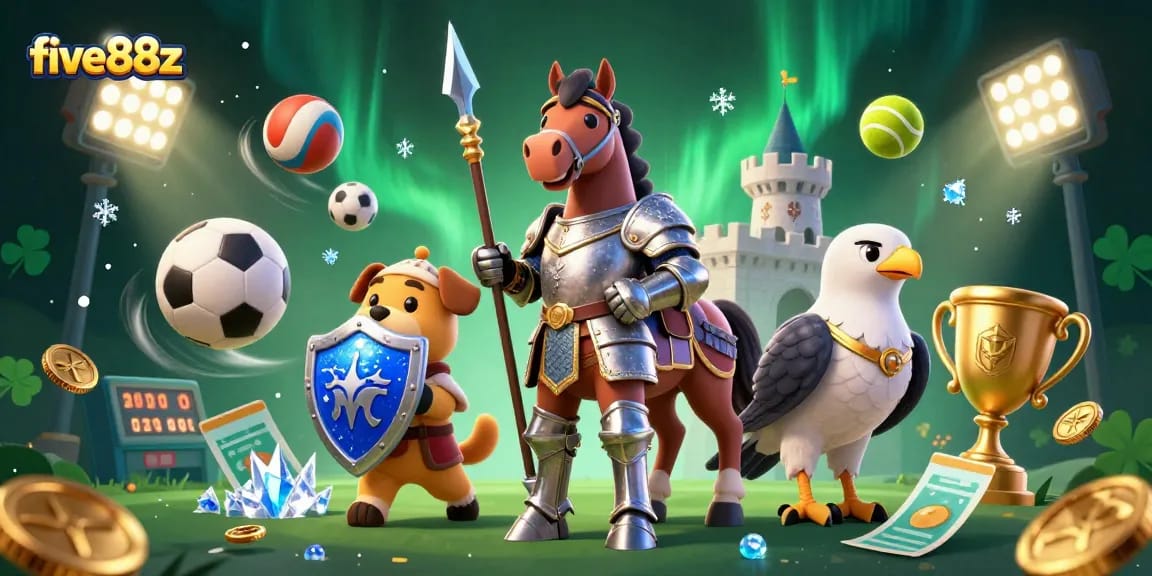 Engage with five88z sports betting action featuring a knight, puppy, and falcon amidst dynamic game elements.