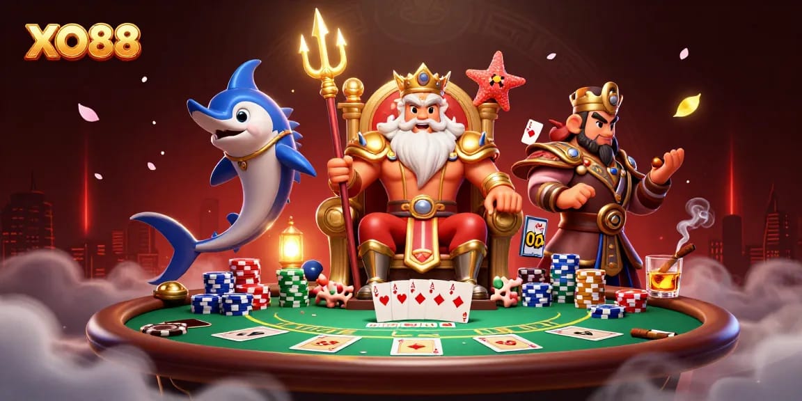 Engage in exciting poker action with XO88's vibrant 3D casino illustration featuring Neptune.