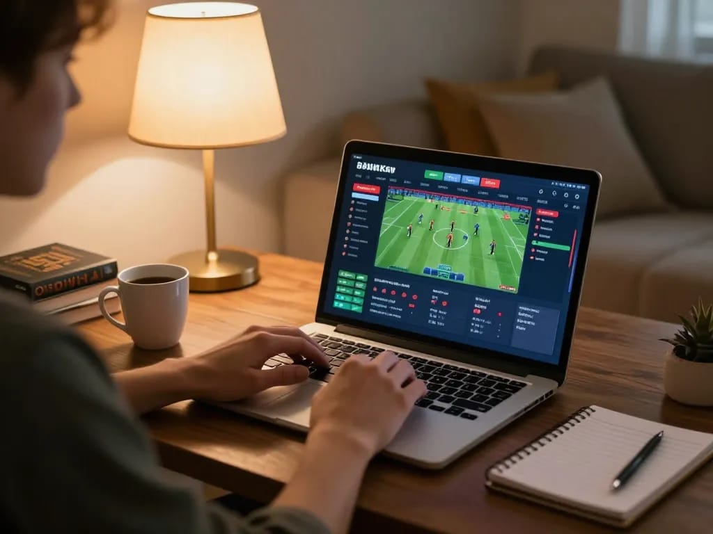 Engaging in online sports betting with 88xx through a laptop in a cozy living room