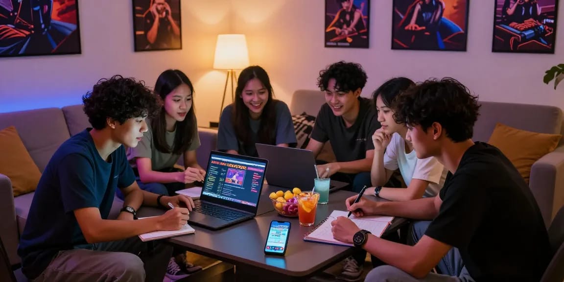 Friends engaged in Togel online gaming, focusing on strategies and enjoying snacks, showcasing situs togel.