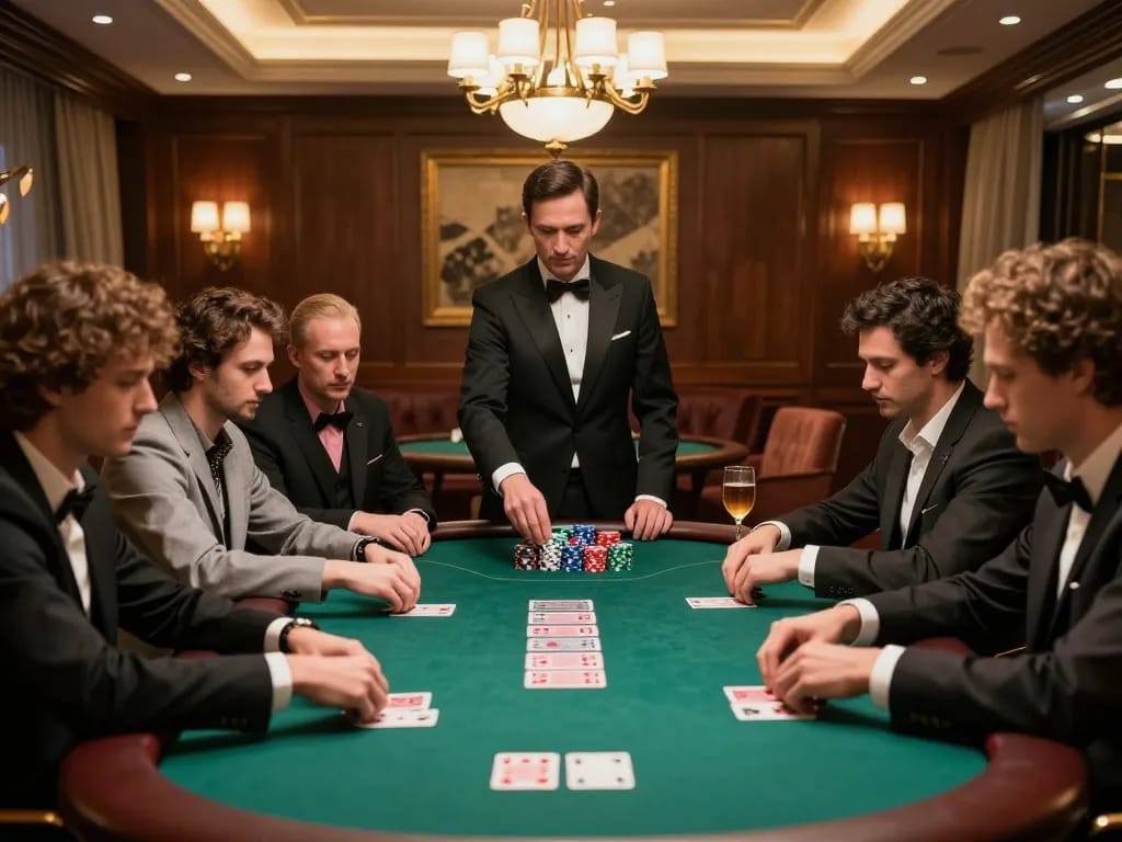KADAL778 high-stakes poker game showcasing players in luxurious setting, intense focus, and strategic gameplay.