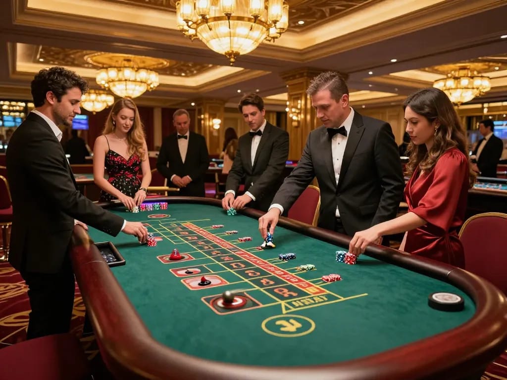 Players engaging at the luxury XX88 roulette table, capturing the strategic thrill of casino gaming.