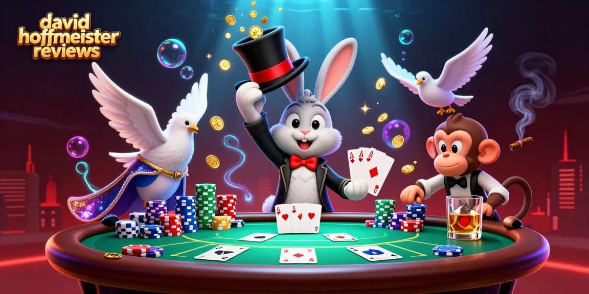 Engaging scene showcasing david hoffmeister reviews with a magician rabbit, dove, and monkey at a poker table.
