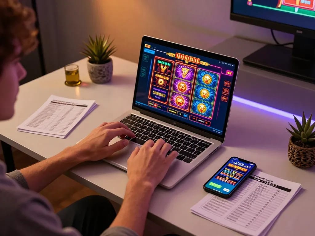 Engaged player enjoying non gamstop casinos on a modern laptop setup, showcasing vibrant online gameplay.