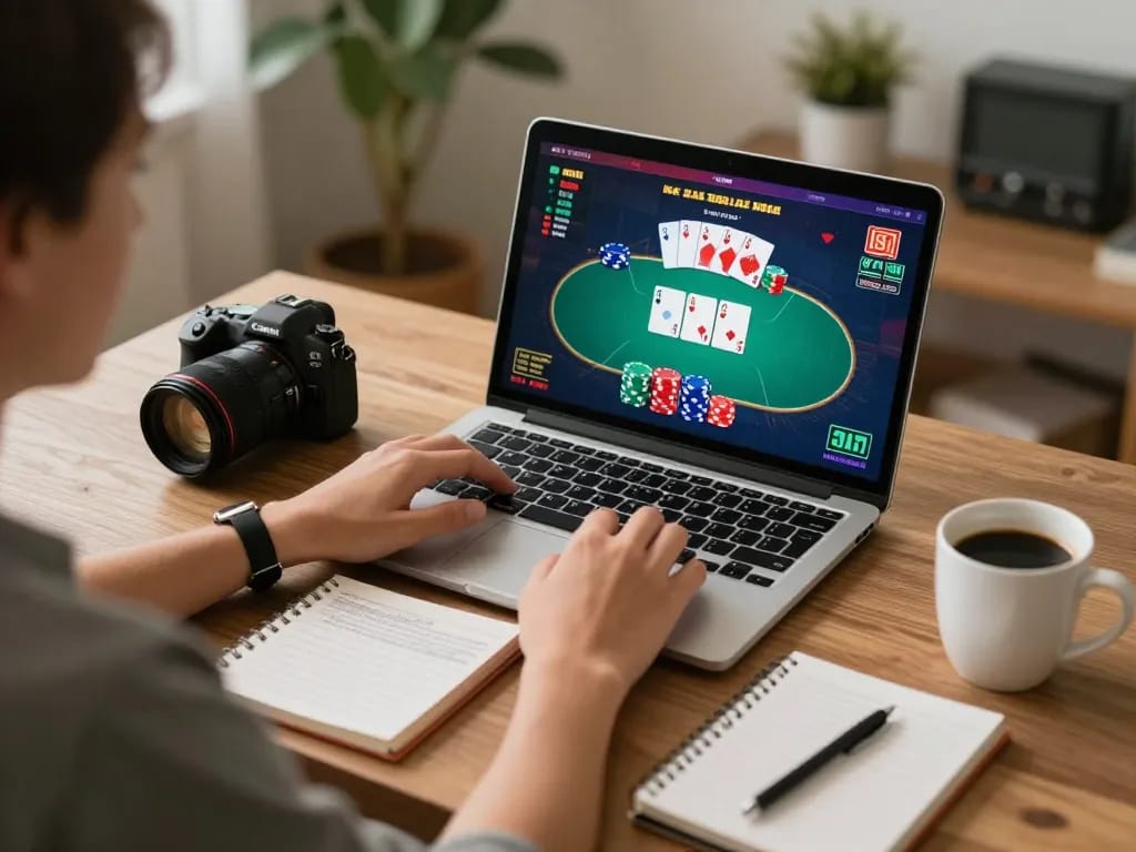 Engaged player using laptop to explore nhà cái 8xbet for poker strategies.