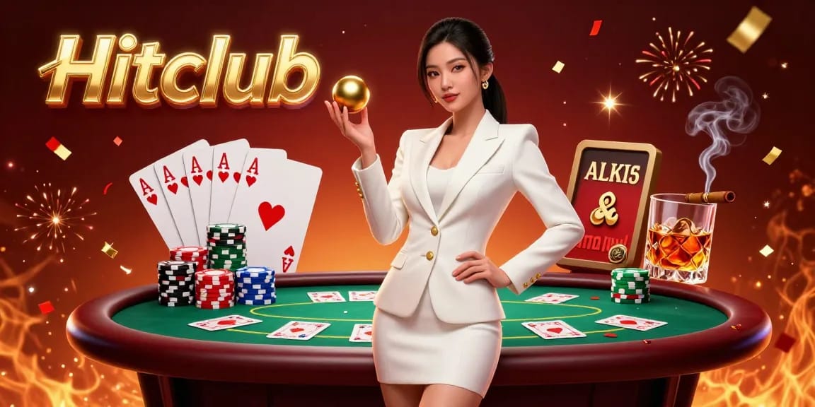 Hitclub showcases a confident Asian woman in a tuxedo holding a roulette ball, amid vibrant casino elements.