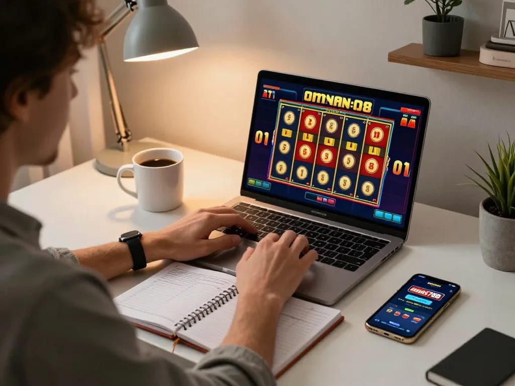 Seseorang bermain di permainan slot online aman788, memperlihatkan gulungan yang cerah dan uang tunai di kantor rumah yang nyaman.