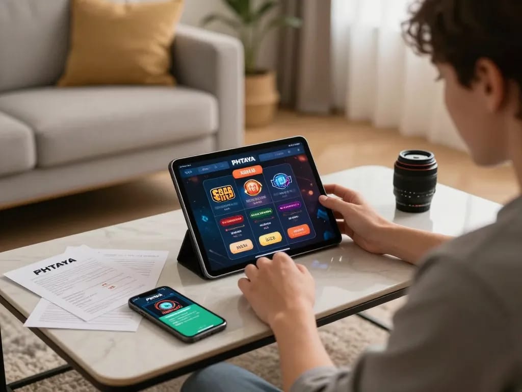 PHTAYA player engaged in online gaming on tablet, surrounded by a cozy home setting with strategy notes.